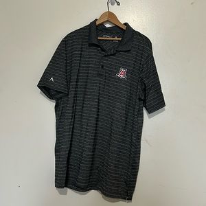Dark grey polo shirt with pin stripes. Arizona Wildcats A on the chest